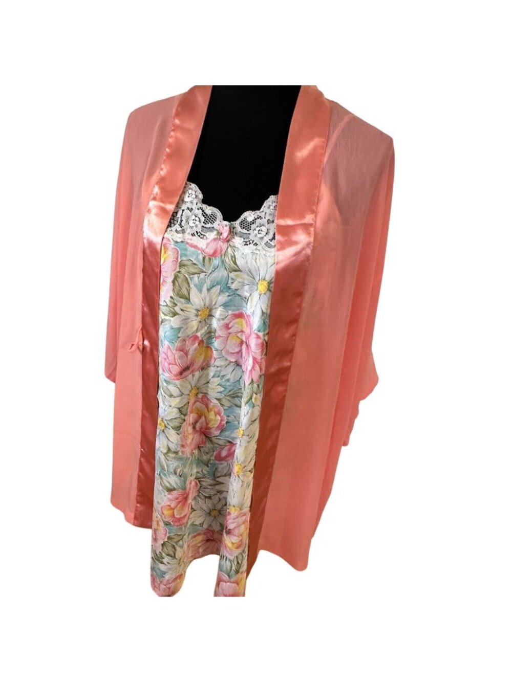 Vtg Cachet Womens Lingerie Pink & White Lace Robe Medium Pockets Cottagecore